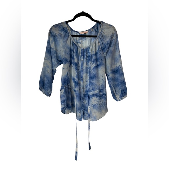 Rebecca Taylor size 2 silk blouse blue beige with waist tie to cinch - Picture 1 of 8